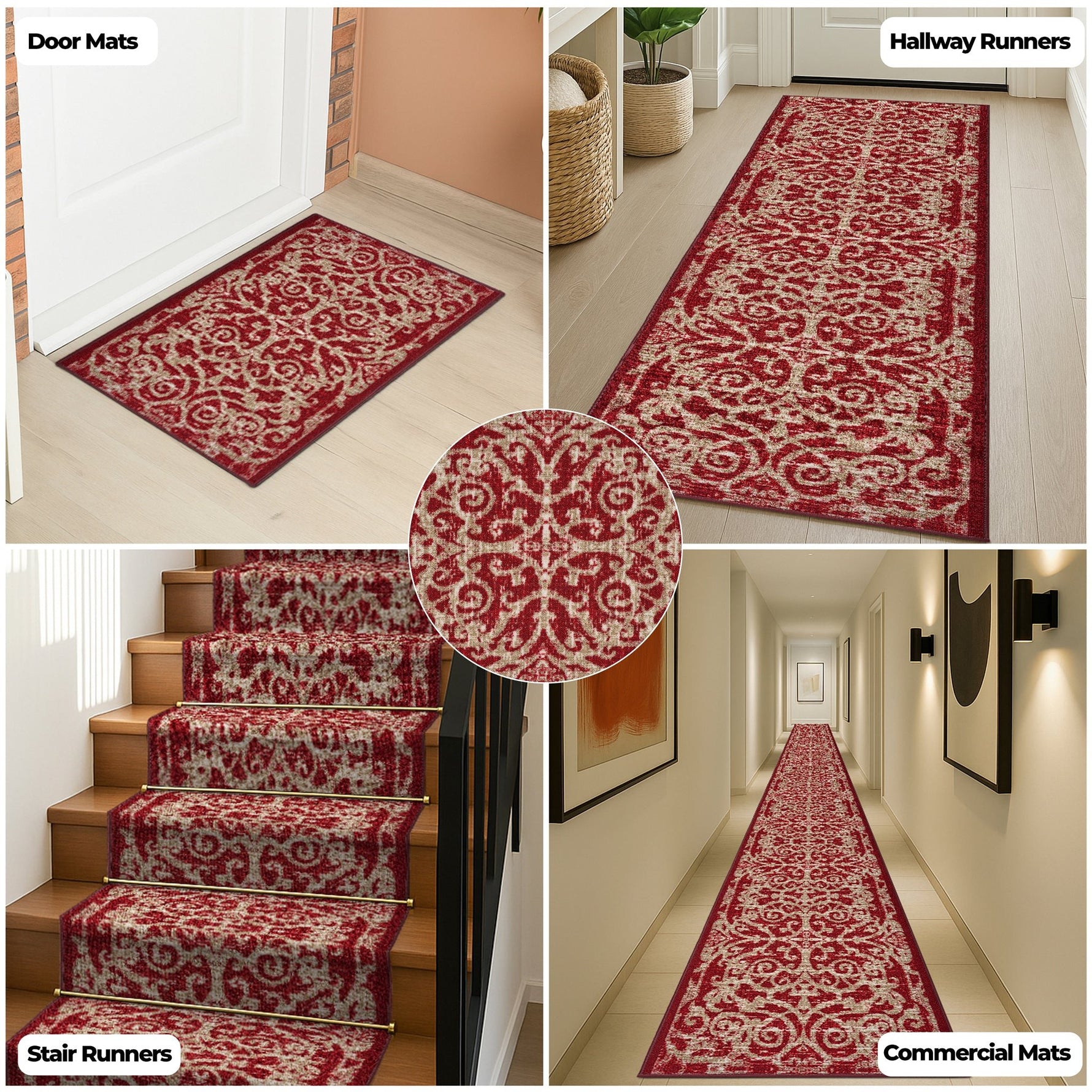 Stair Runner Non - Slip Kitchen Mat - Red Filigree - Bargainia.com - 