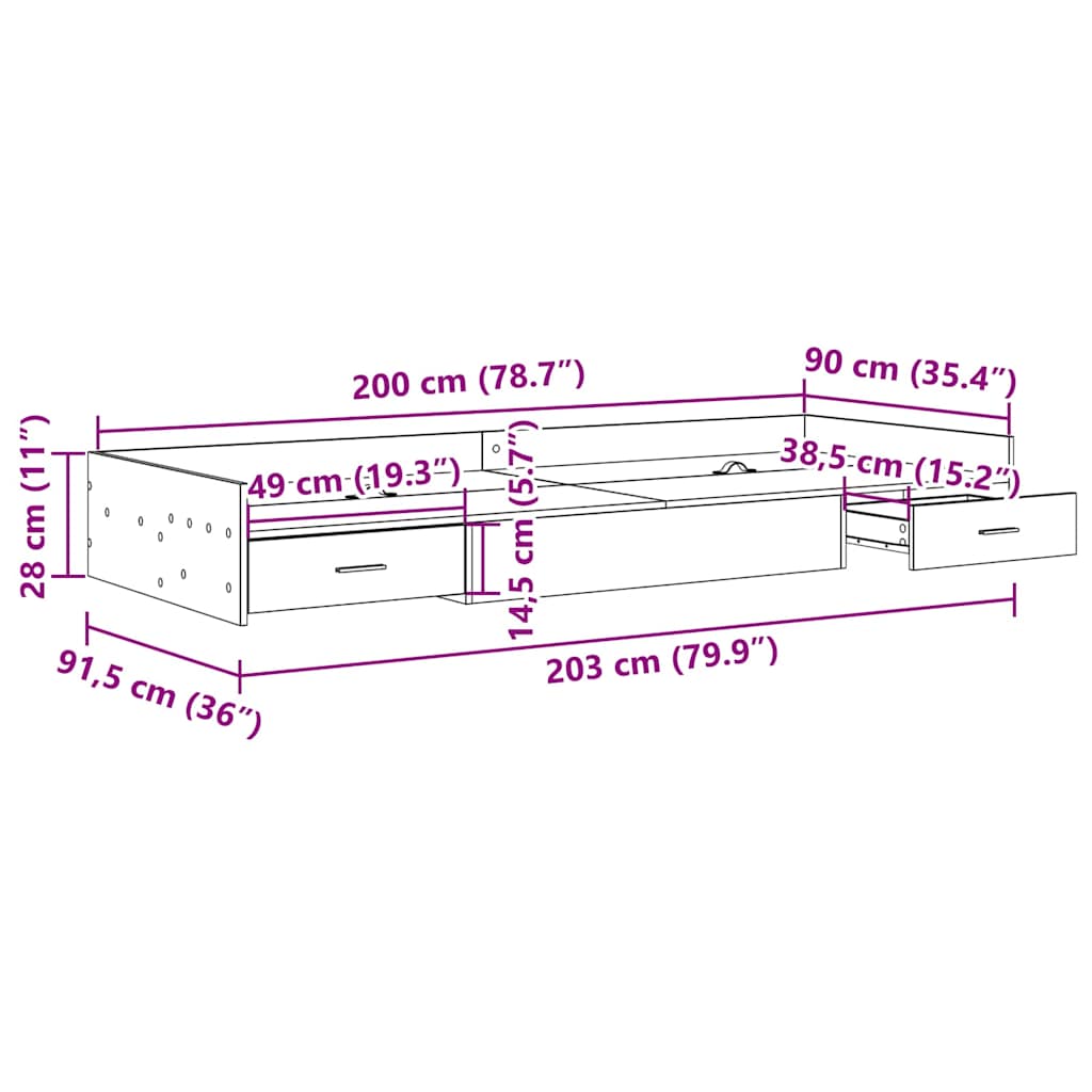Storage Bed Frame with Drawer Smoked Oak 90 x 200 cm Engineered wood - Bargainia.com - 8721158894137 - 3335233