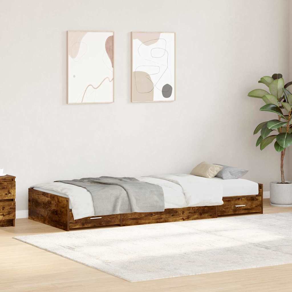 Storage Bed Frame with Drawer Smoked Oak 90 x 200 cm Engineered wood - Bargainia.com - 8721158894137 - 3335233