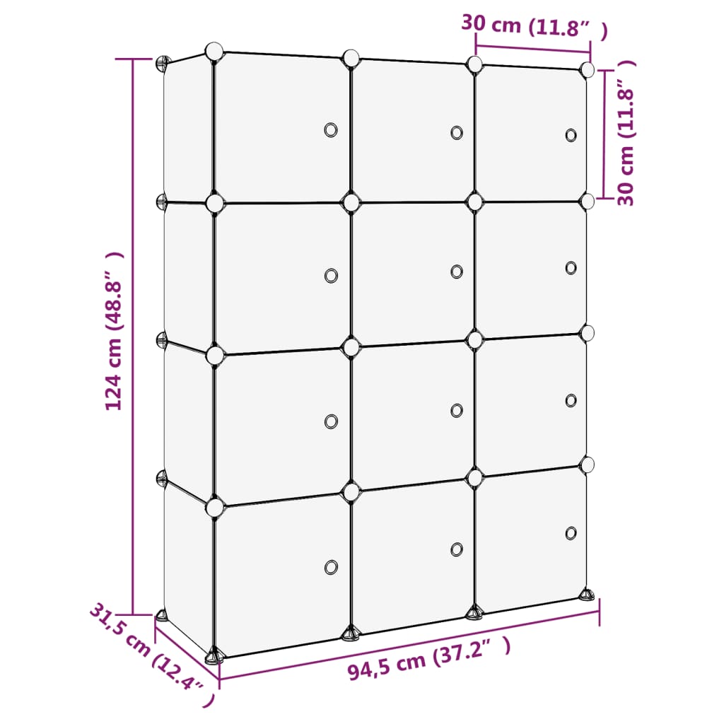 Storage Cube Organiser with 12 Cubes and Doors Black PP - Bargainia.com - 