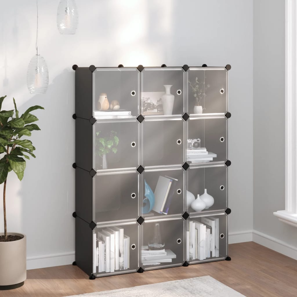 Storage Cube Organiser with 12 Cubes and Doors Black PP - Bargainia.com - 