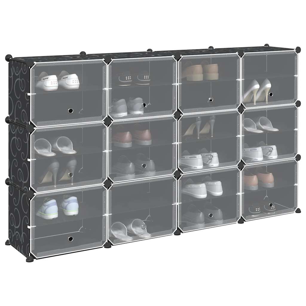 Storage Cube Organiser with 12 Cubes and Doors Black PP - Bargainia.com - 