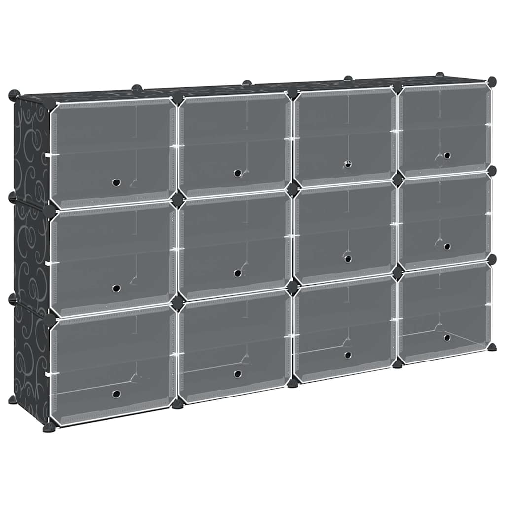 Storage Cube Organiser with 12 Cubes and Doors Black PP - Bargainia.com - 