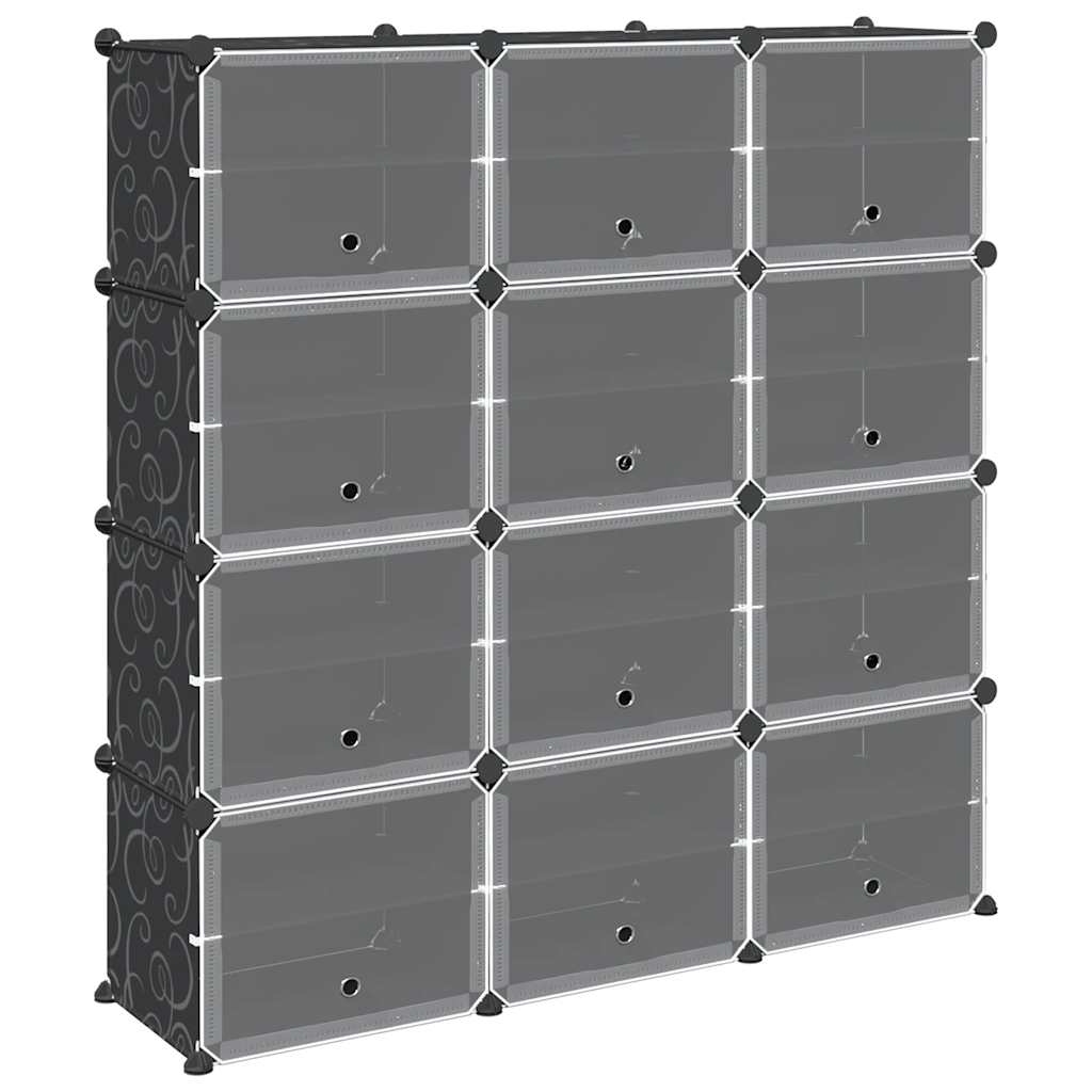 Storage Cube Organiser with 12 Cubes and Doors Black PP - Bargainia.com - 