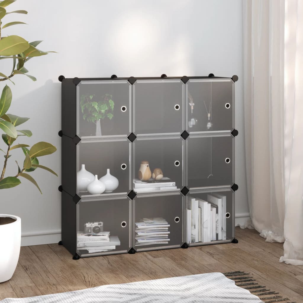 Storage Cube Organiser with 9 Cubes and Doors Black PP - Bargainia.com - 