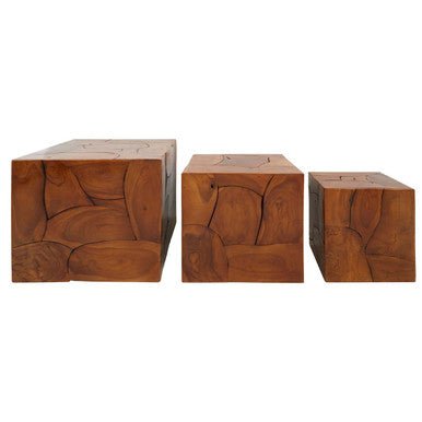 Surak Set of 3 Solid Teak Wood Side Tables and Stools - Bargainia.com - 5018705457833