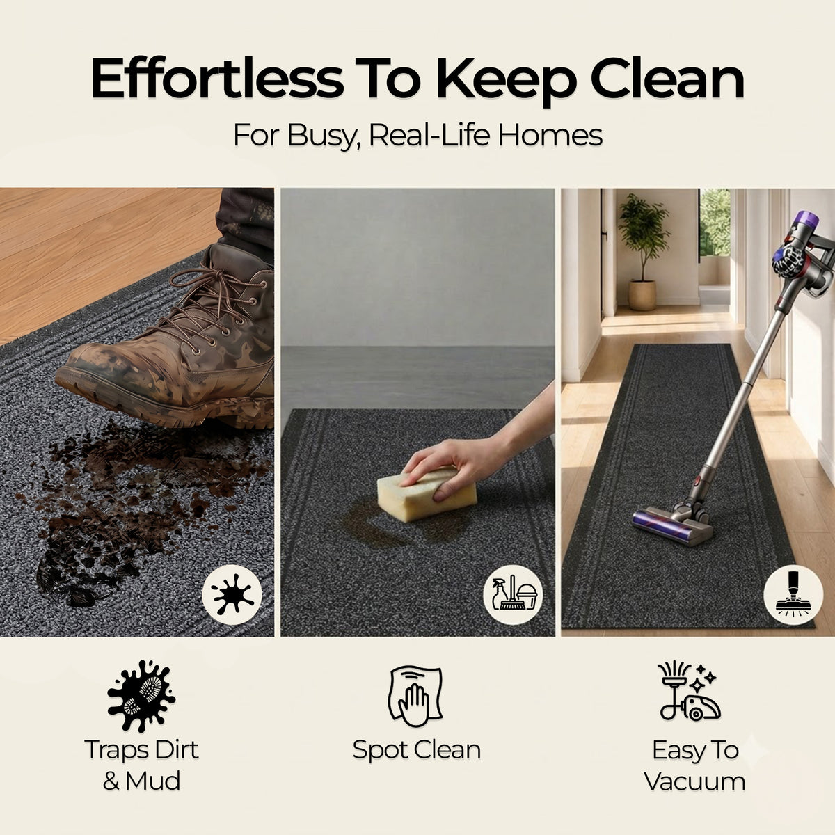 Sydney Charcoal Grey Hallway Runner, Non-Slip Rubber Backed Stair Runner and Kitchen Mat, Washable, 66cm Wide