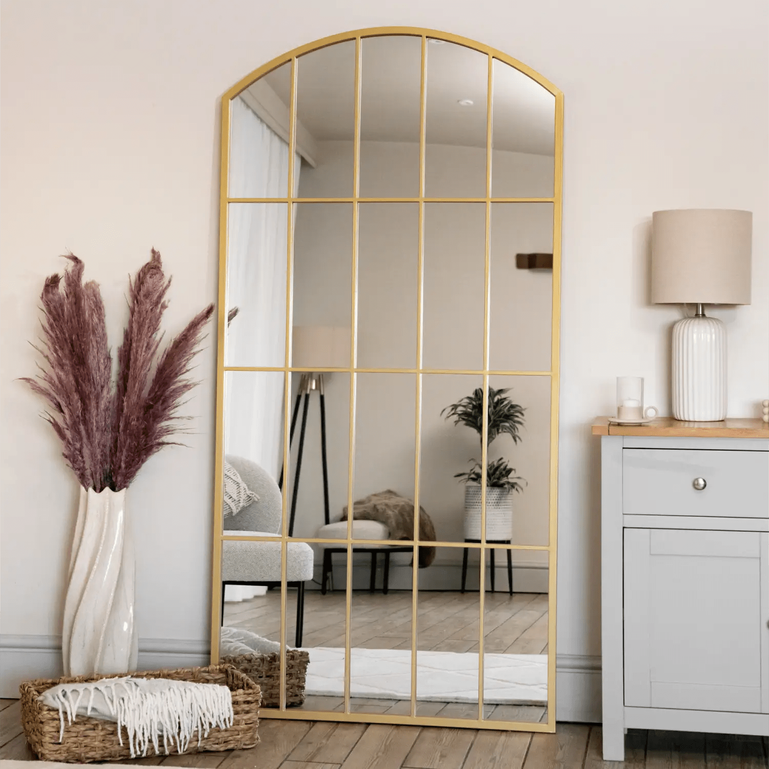 Tomi - Full Length Gold Metal Arched Lattice Window Mirror - 180cm x 90cm - Bargainia.com - 