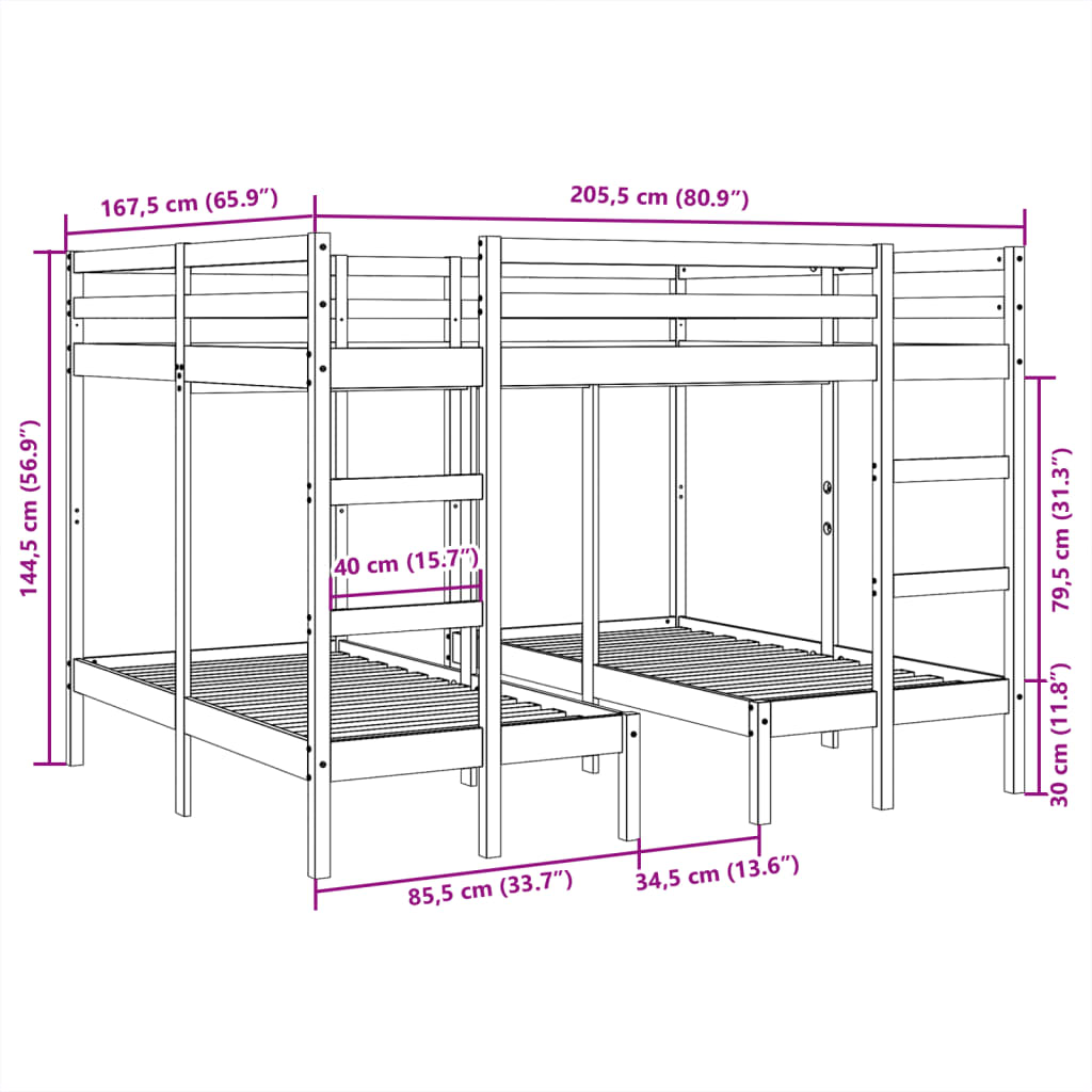 Triple Bunk Bed Frame 160x200/80x160 cm Solid Wood Pine - Bargainia.com - 8721158373403 - 3308580
