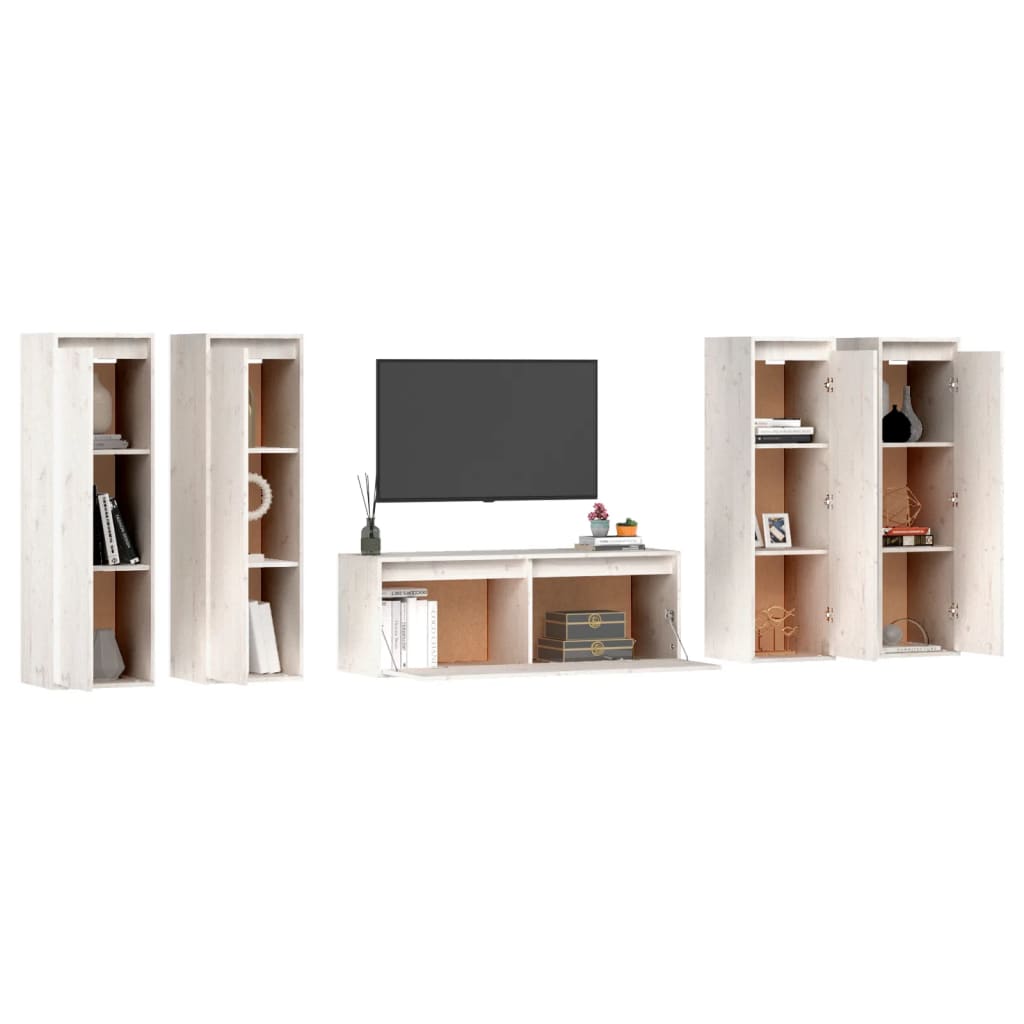 TV Cabinets 5 pcs White Solid Wood Pine - Bargainia.com - 