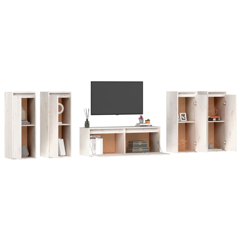TV Cabinets 5 pcs White Solid Wood Pine - Bargainia.com - 