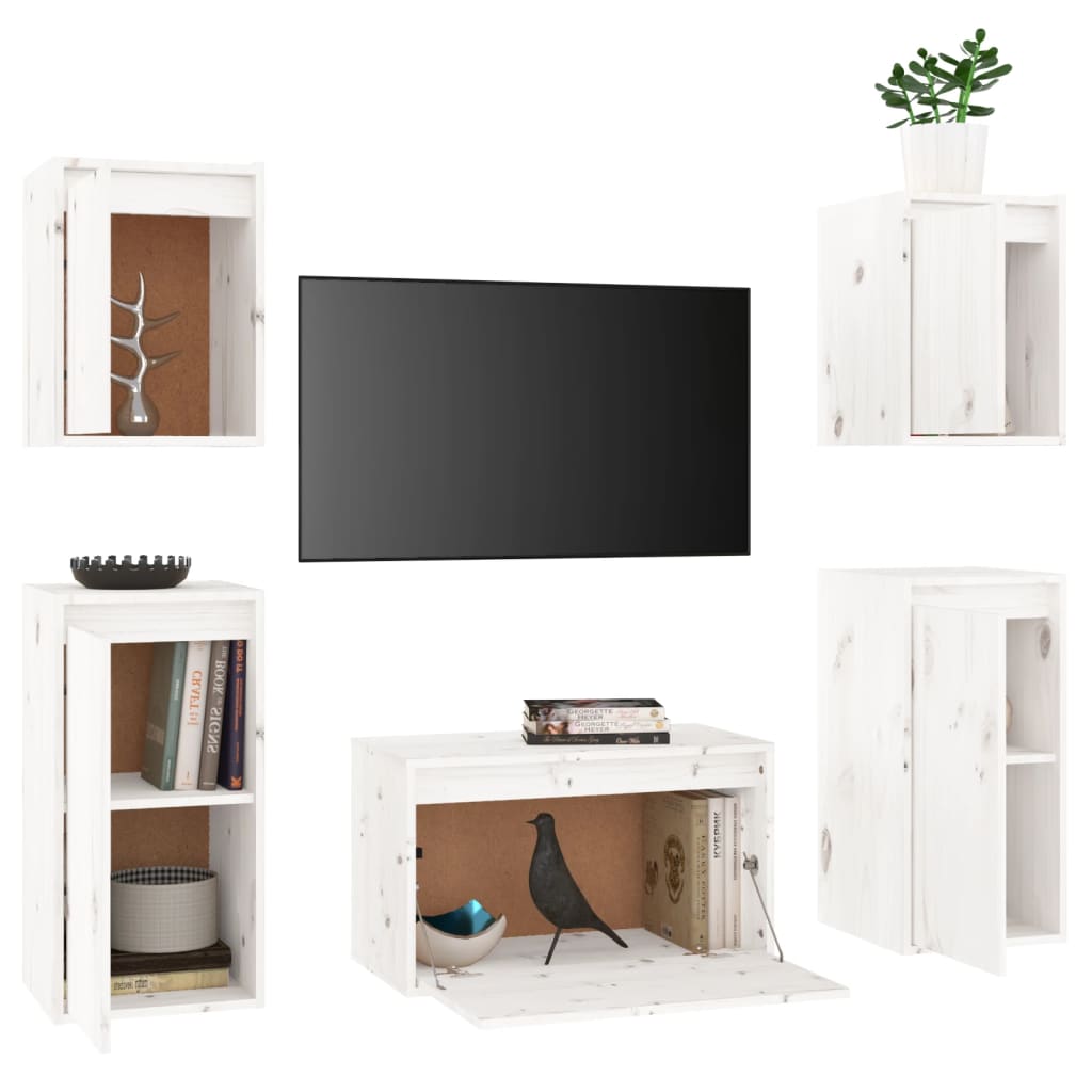 TV Cabinets 5 pcs White Solid Wood Pine - Bargainia.com - 