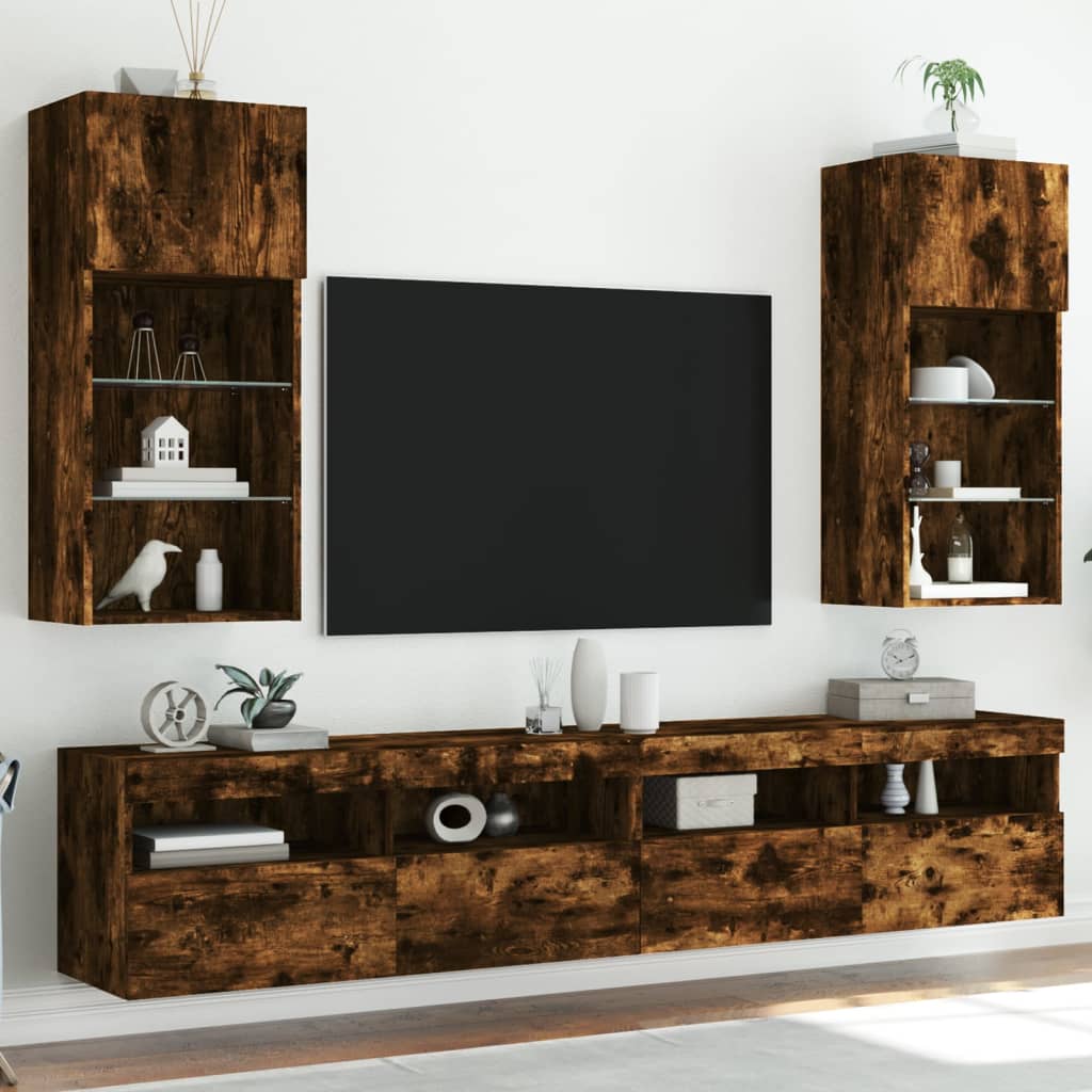 TV Cabinets with LED Lights 2 pcs Smoked Oak 40.5x30x90 cm - Bargainia.com - 