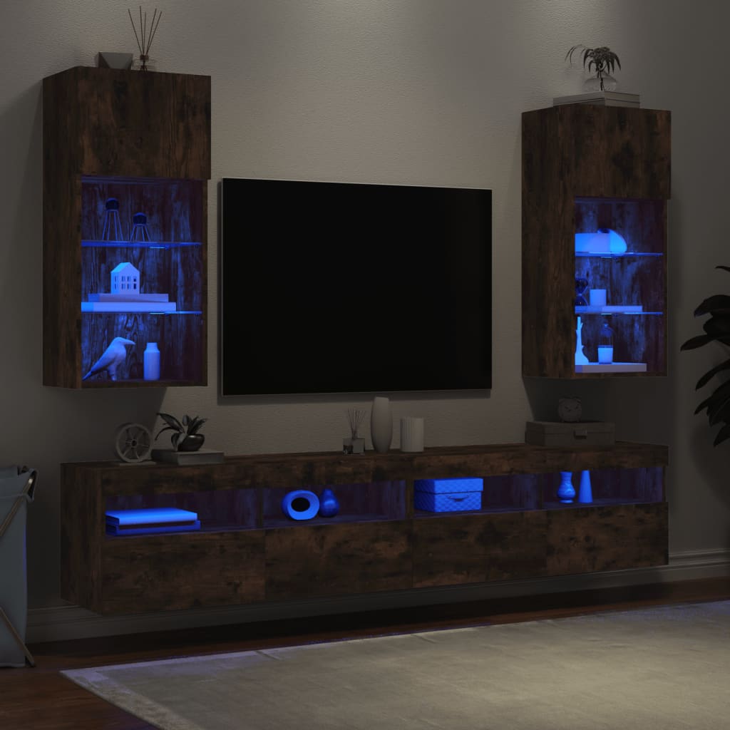 TV Cabinets with LED Lights 2 pcs Smoked Oak 40.5x30x90 cm - Bargainia.com - 