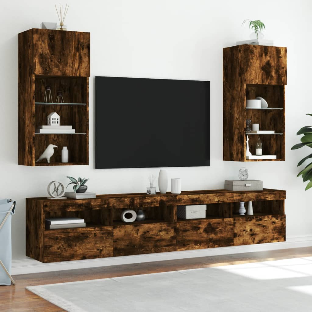 TV Cabinets with LED Lights 2 pcs Smoked Oak 40.5x30x90 cm - Bargainia.com - 