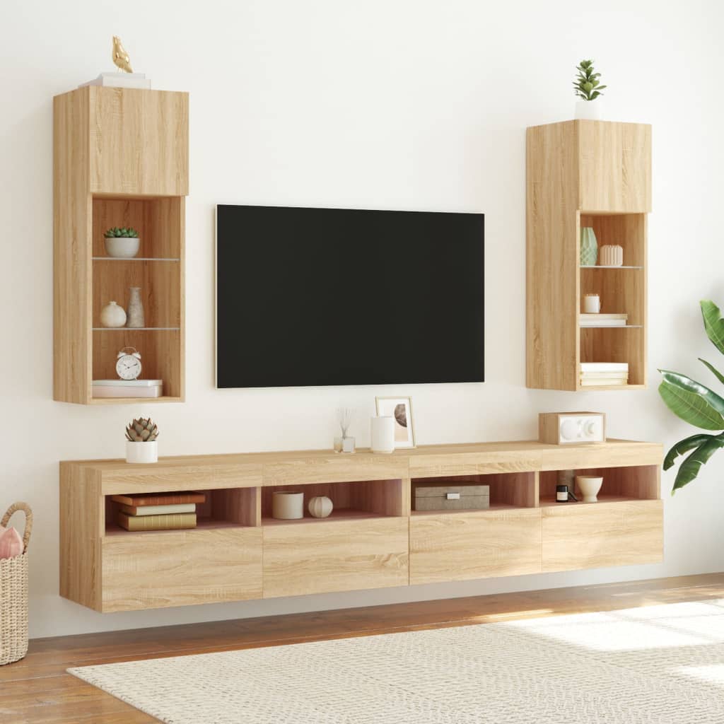 TV Cabinets with LED Lights 2 pcs Sonoma Oak 30.5x30x90 cm - Bargainia.com - 