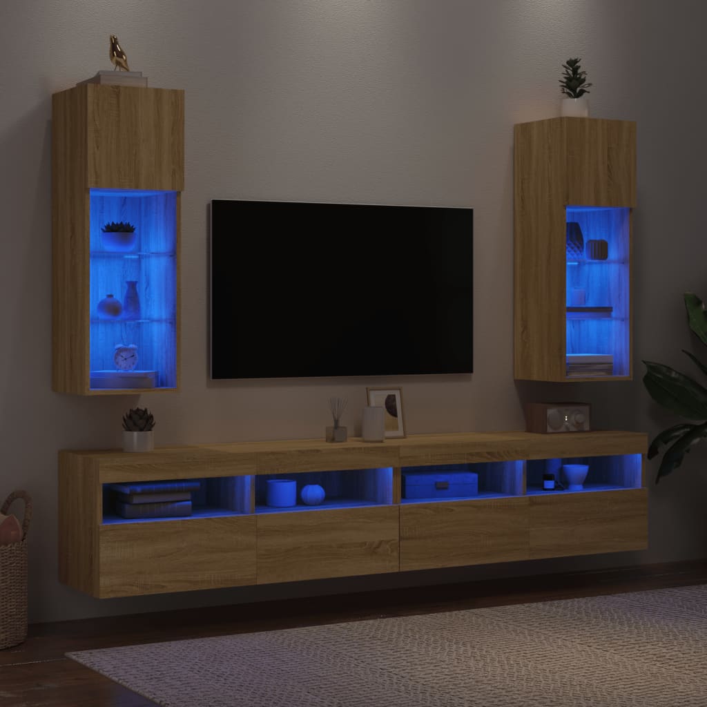 TV Cabinets with LED Lights 2 pcs Sonoma Oak 30.5x30x90 cm - Bargainia.com - 