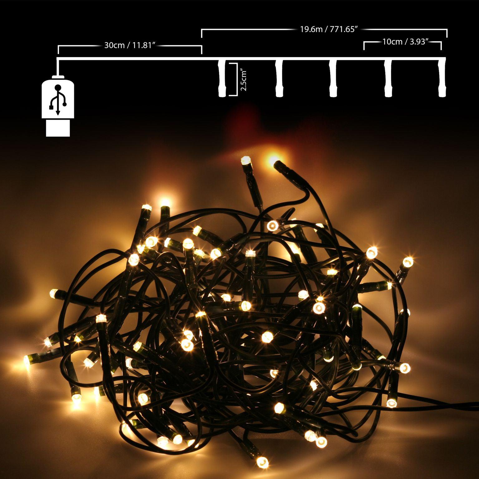 Warm White LED Fairy Lights USB Plug (200 Lights - 8 functions) - Bargainia.com - 