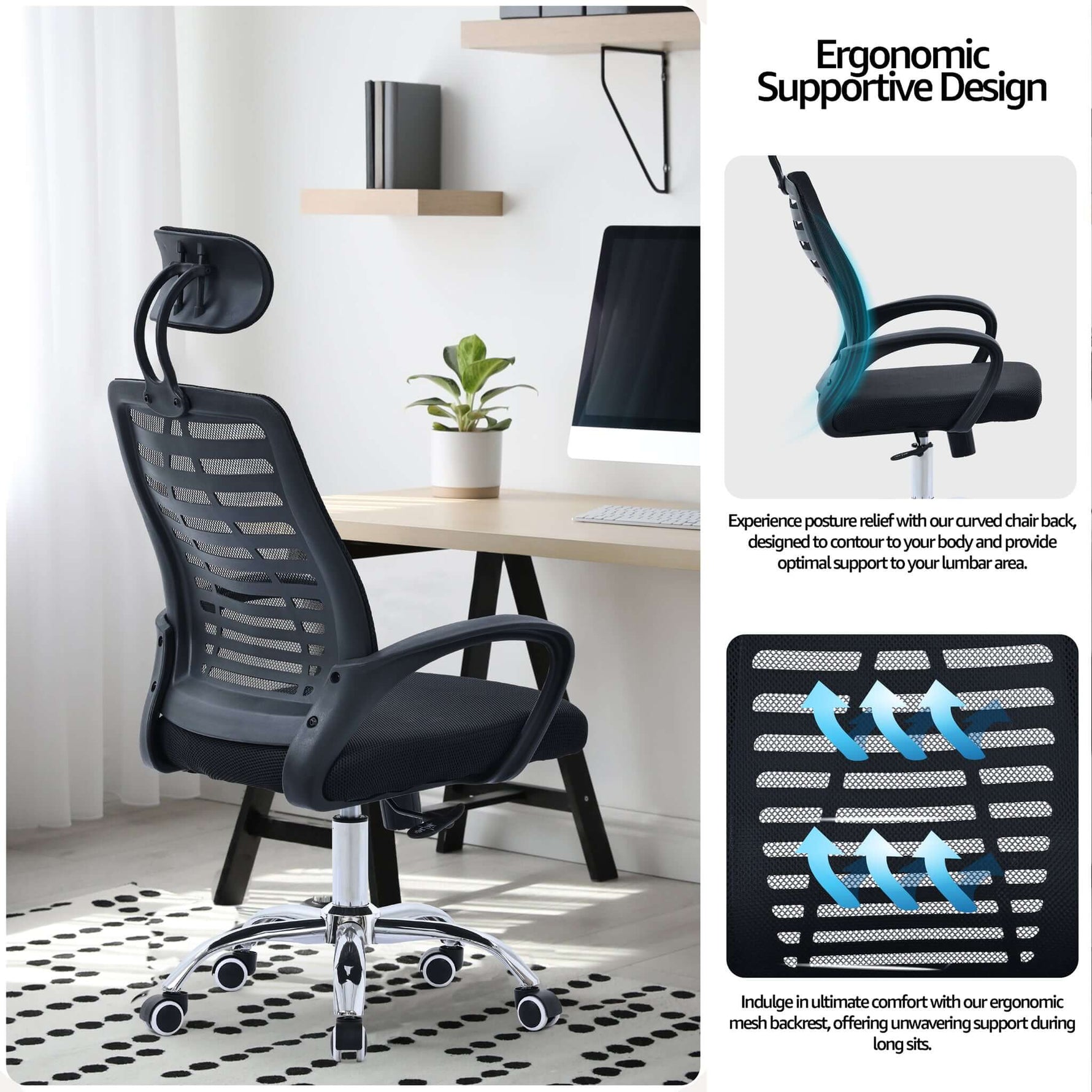 Valencia Adjustable Black Mesh Fixed Arms Ergonomic Office Chair - Bargainia.com - 5056536118851