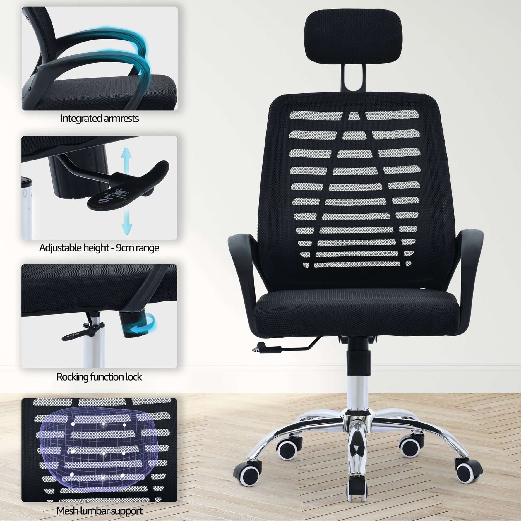 Valencia Adjustable Black Mesh Fixed Arms Ergonomic Office Chair - Bargainia.com - 5056536118851