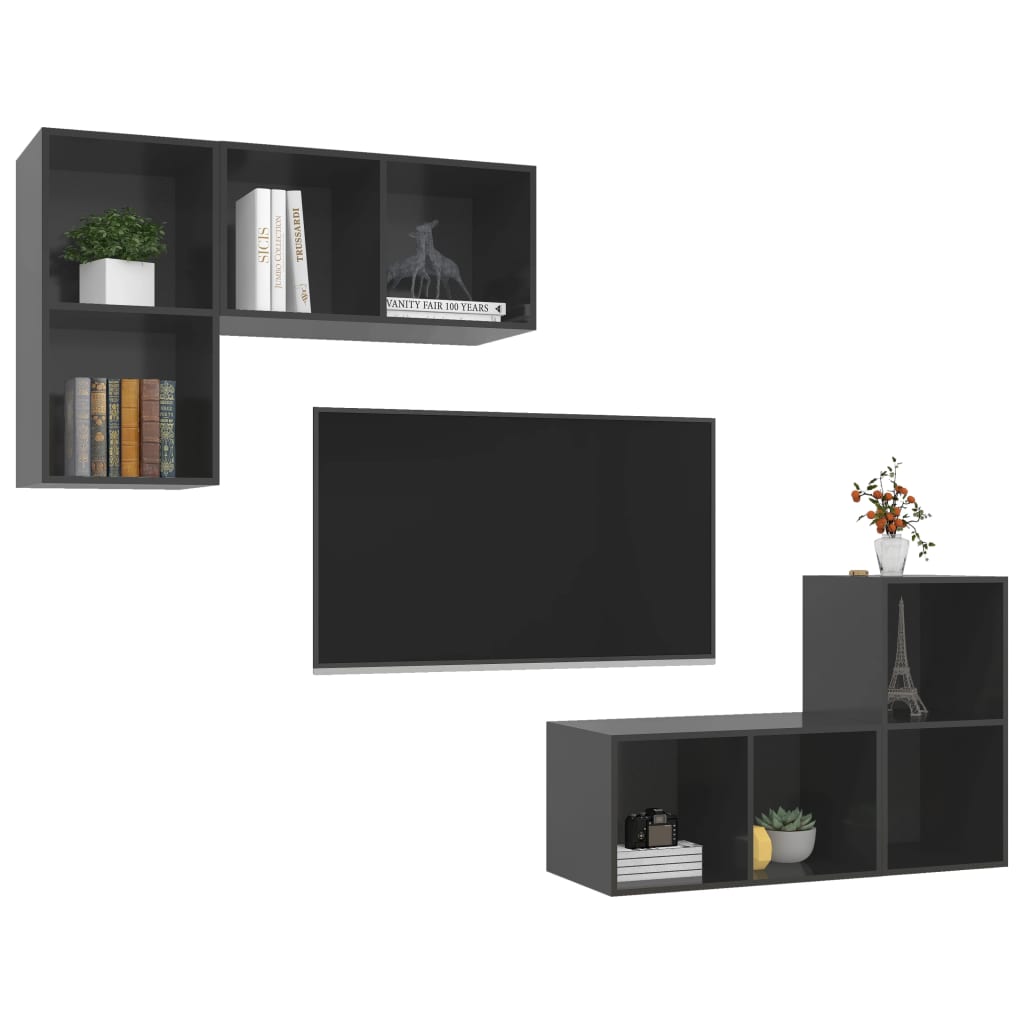 Wall - mounted TV Cabinets 4 pcs High Gloss Grey Engineered Wood - Bargainia.com - 