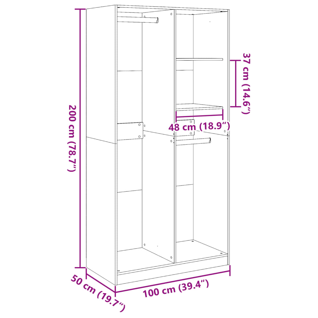 Wardrobe Concrete Grey 100x50x200 cm Engineered Wood - Bargainia.com - 