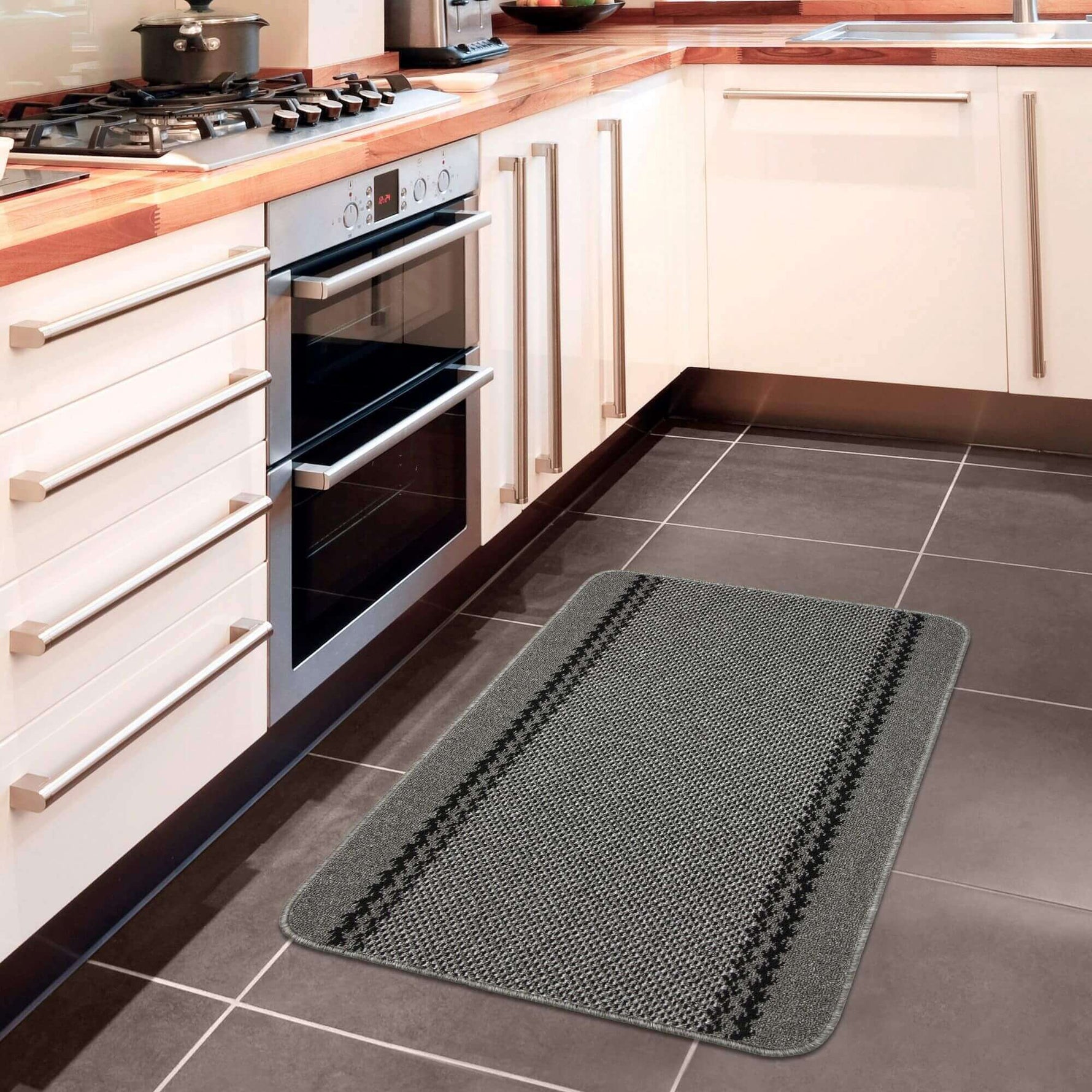 Washable Bordered Dark Grey Rug | 116D - Bargainia.com - 