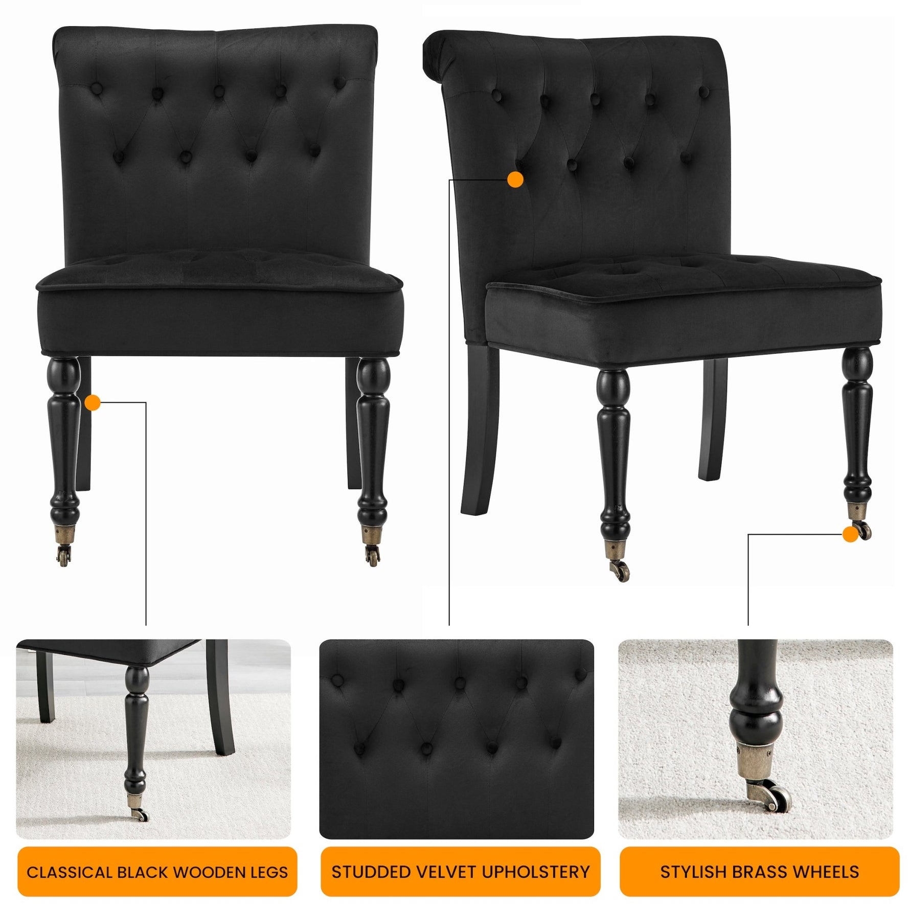 Winston Velvet Accent Chair On Wheels - Black - Bargainia.com - 