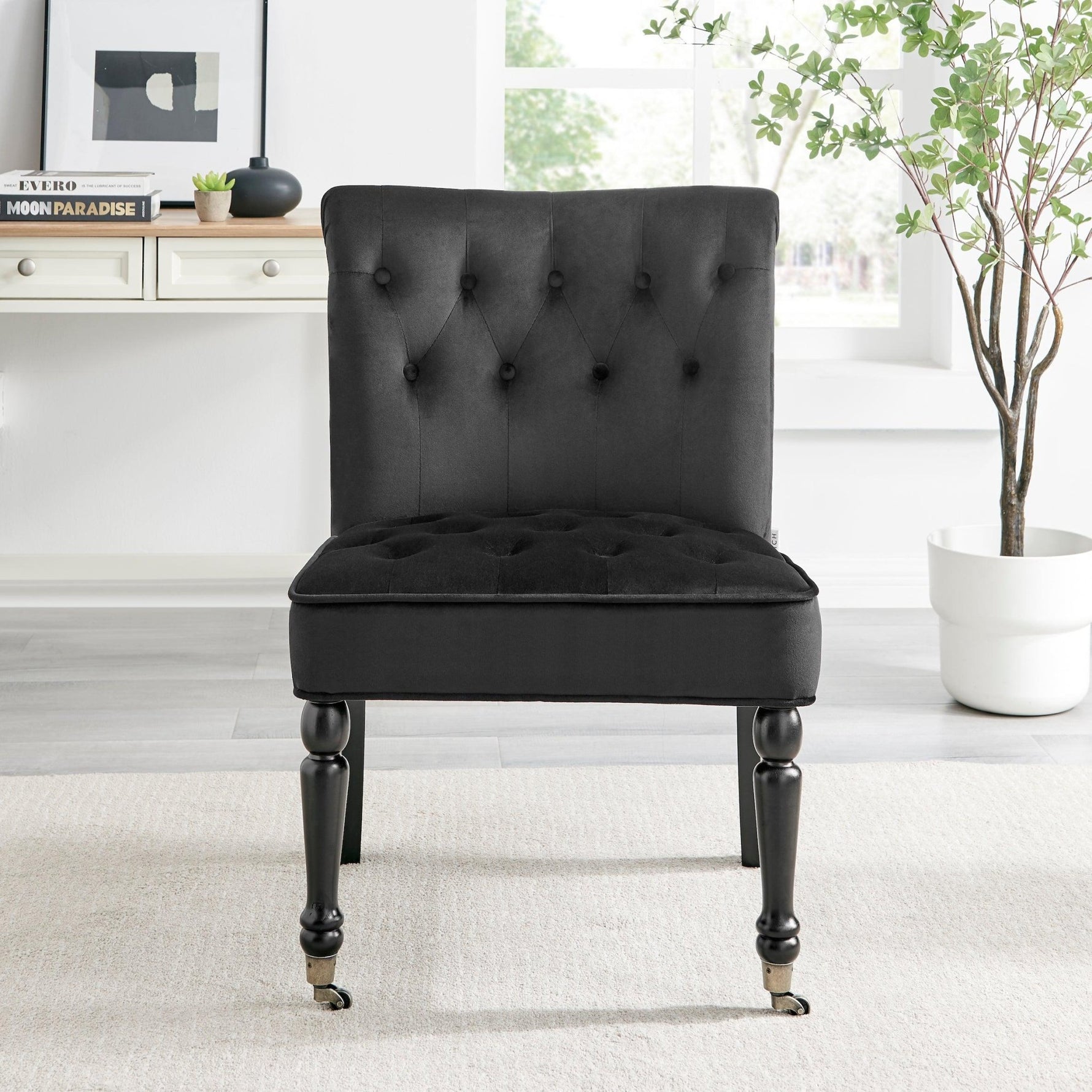 Winston Velvet Accent Chair On Wheels - Black - Bargainia.com - 