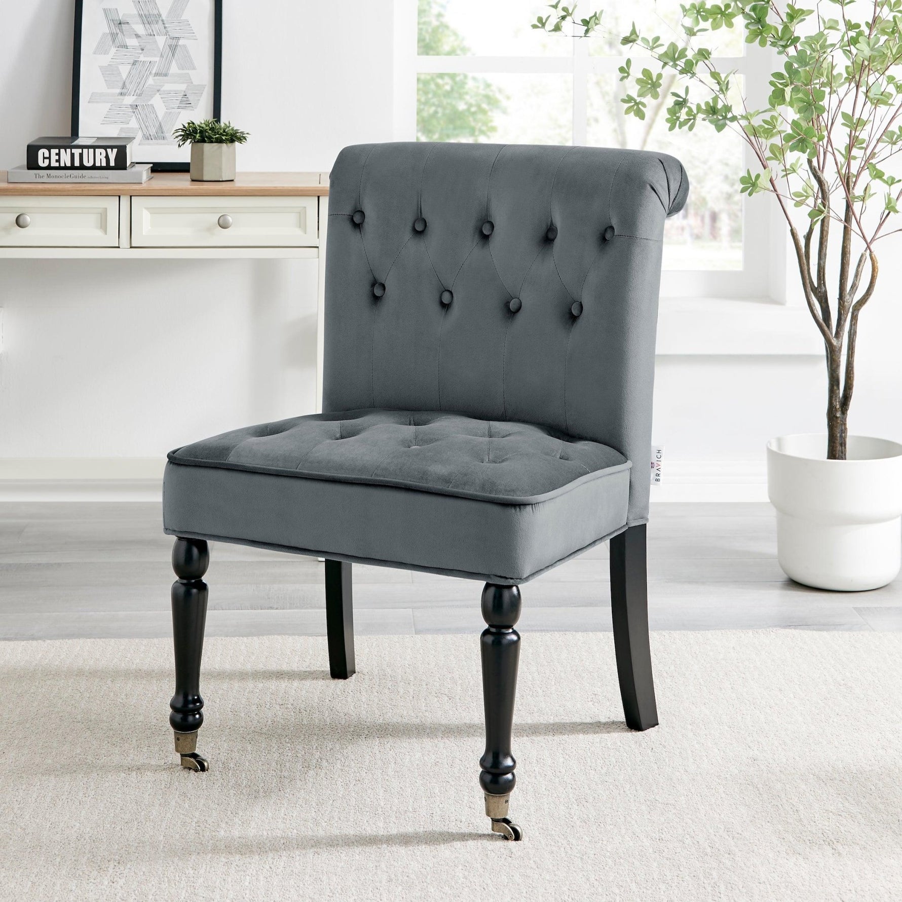 Winston Dark Grey Velvet Dining Chair with Wheels - Bargainia.com - 