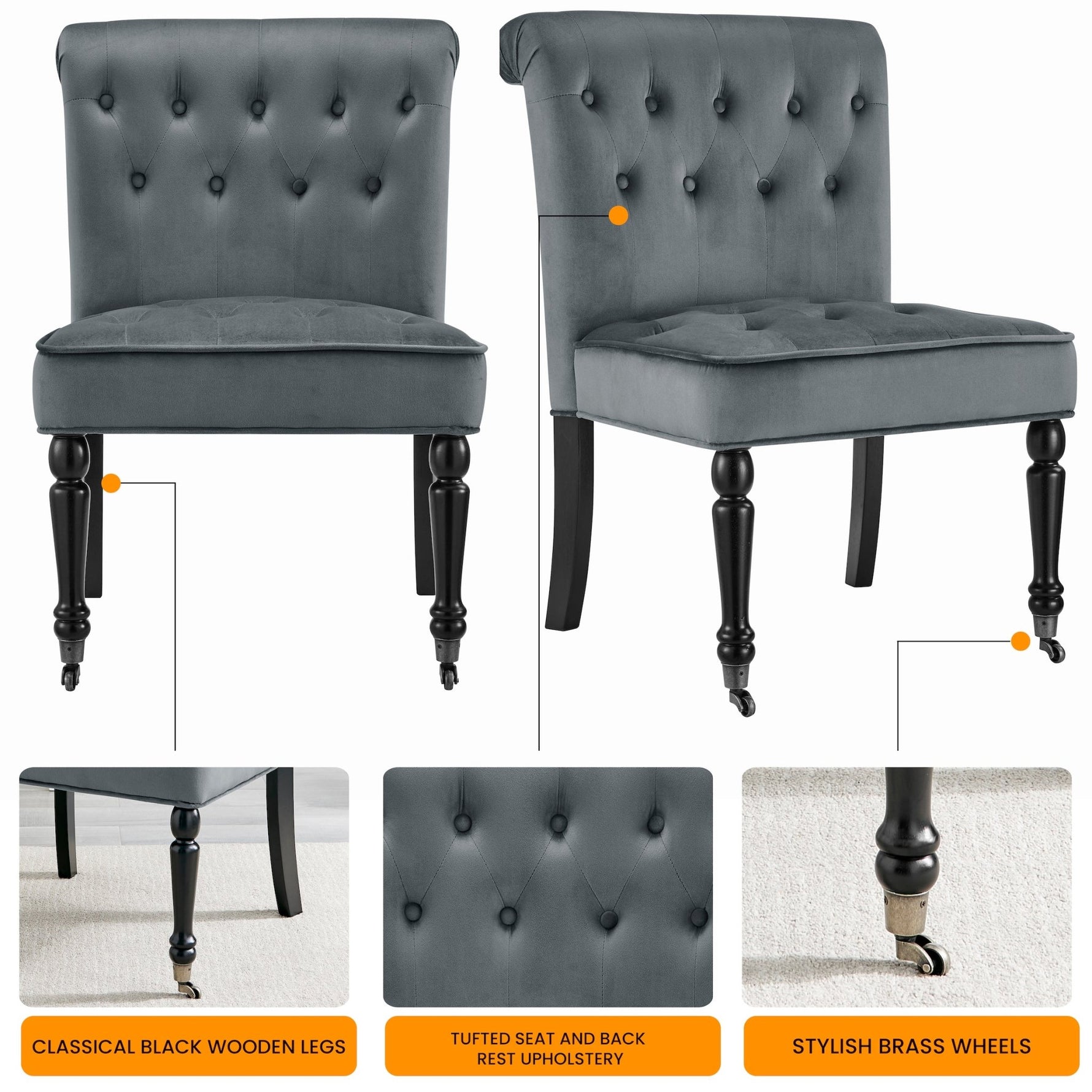 Winston Dark Grey Velvet Dining Chair with Wheels - Bargainia.com - 