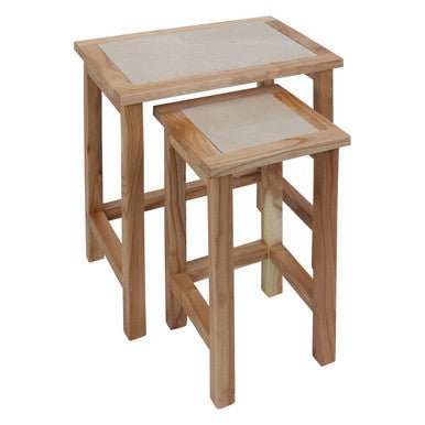 Womad Small Set Of 2 Wooden Side Tables With Cream Marble Tops - Bargainia.com - 5063227018727