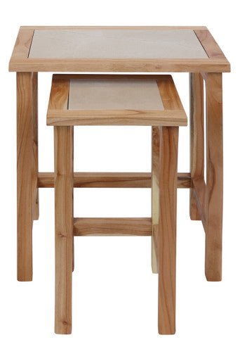 Womad Small Set Of 2 Wooden Side Tables With Cream Marble Tops - Bargainia.com - 5063227018727