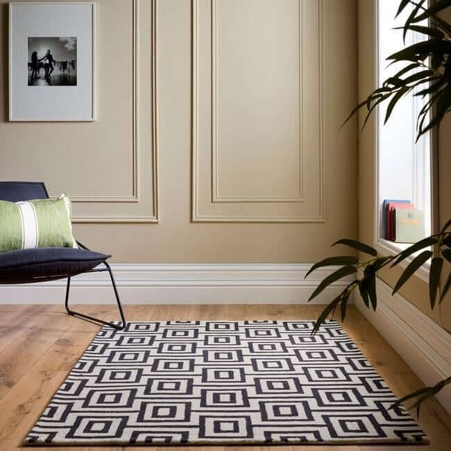 Wool Labyrinth Rug White and Black - Bargainia.com - 5026134637665 - LBRNTH_BLKWHT_080X150