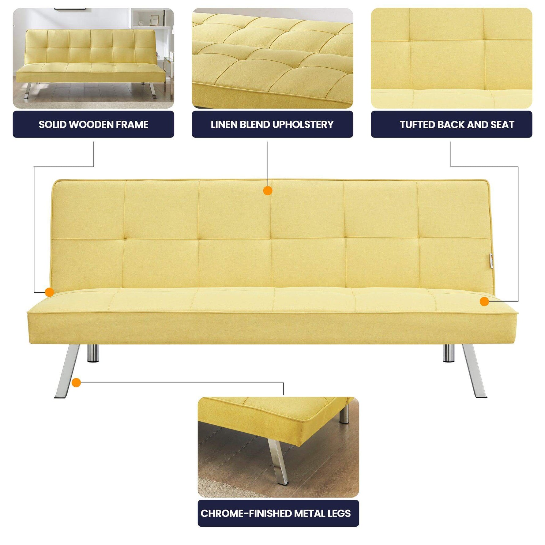 Yellow Click Clack 3 Seater Sofa Bed - Britney - Bargainia.com - 