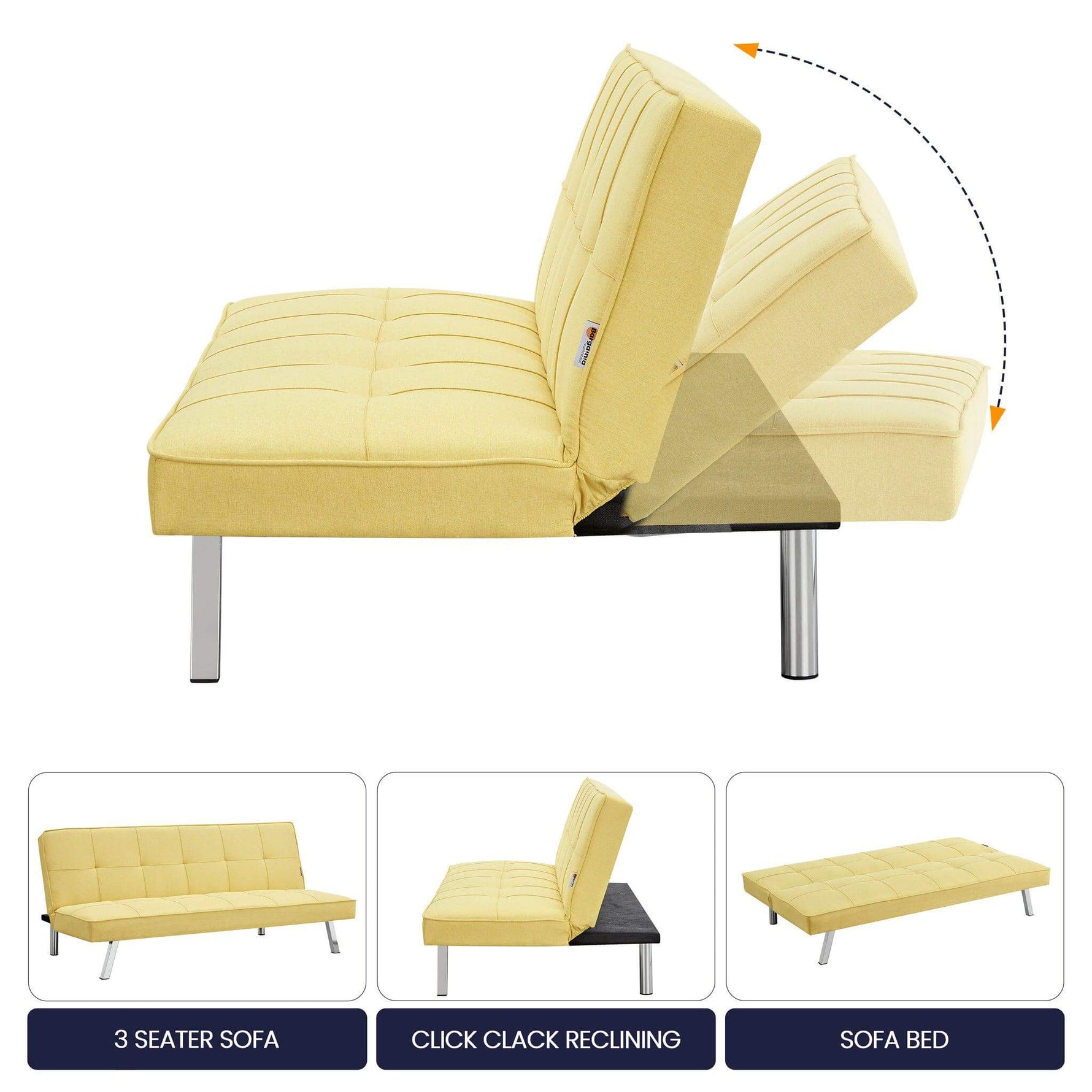 Yellow Click Clack 3 Seater Sofa Bed - Britney - Bargainia.com - 