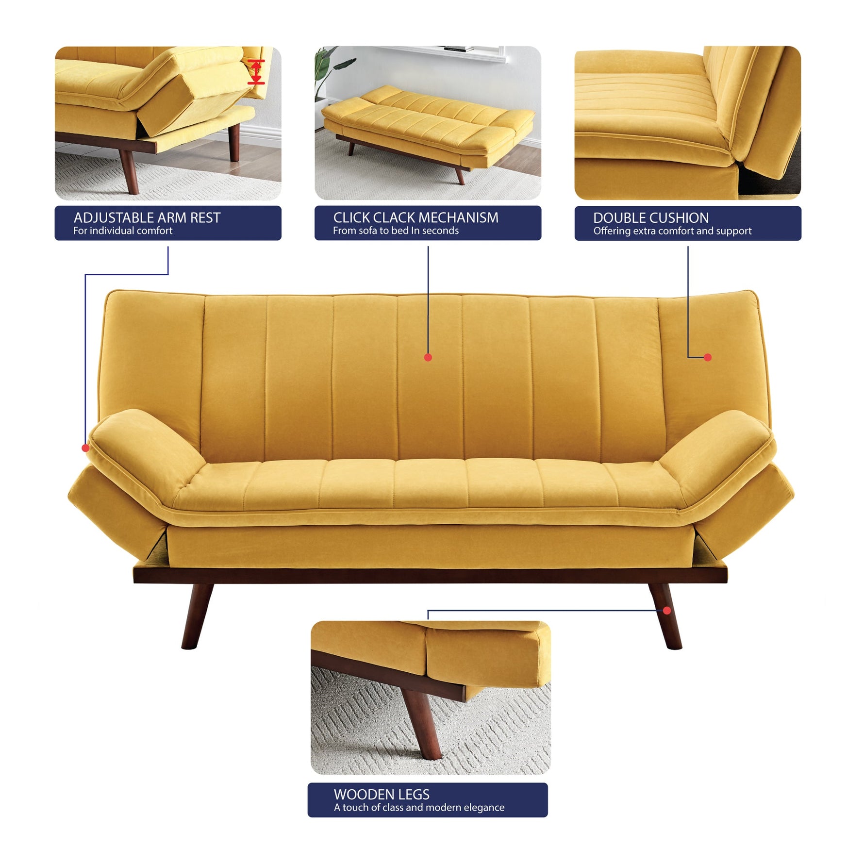 Yellow Velvet 3 Seater Sofa Bed - Mondaine - Bargainia.com - 