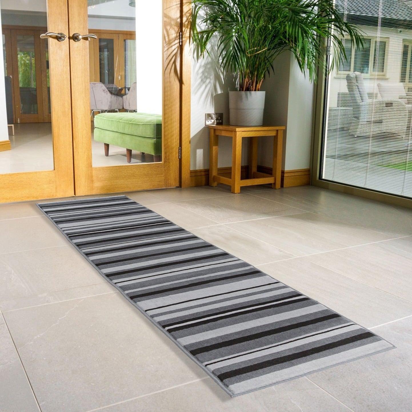 Hard Wearing Hessian Backed Stair Runner Kitchen Mat - Texas Grey Lines Stair Runner Rug Masters