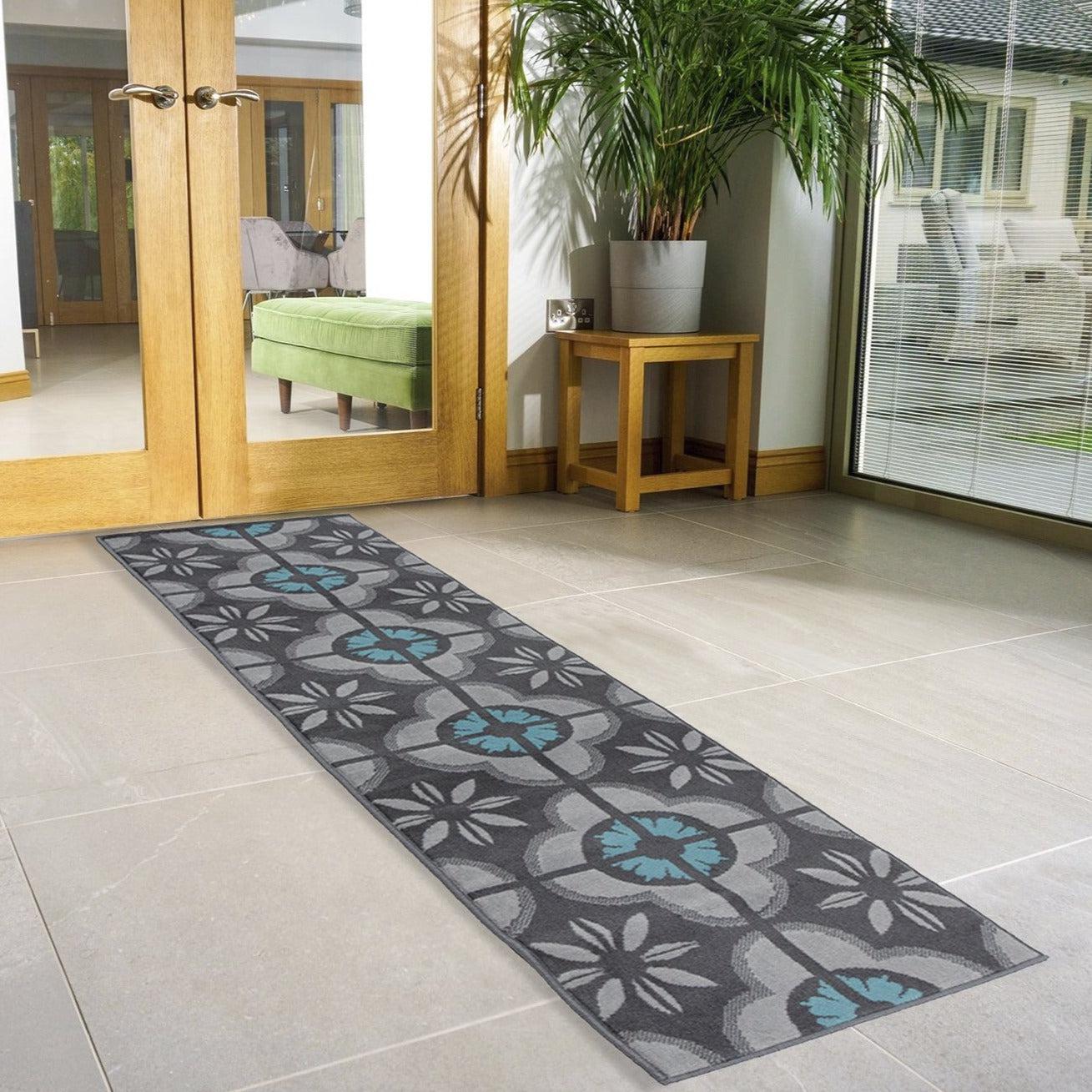 Hard Wearing Hessian Backed Stair Runner Kitchen Mat - Texas Blue & Grey Floral Stair Runner Rug Masters