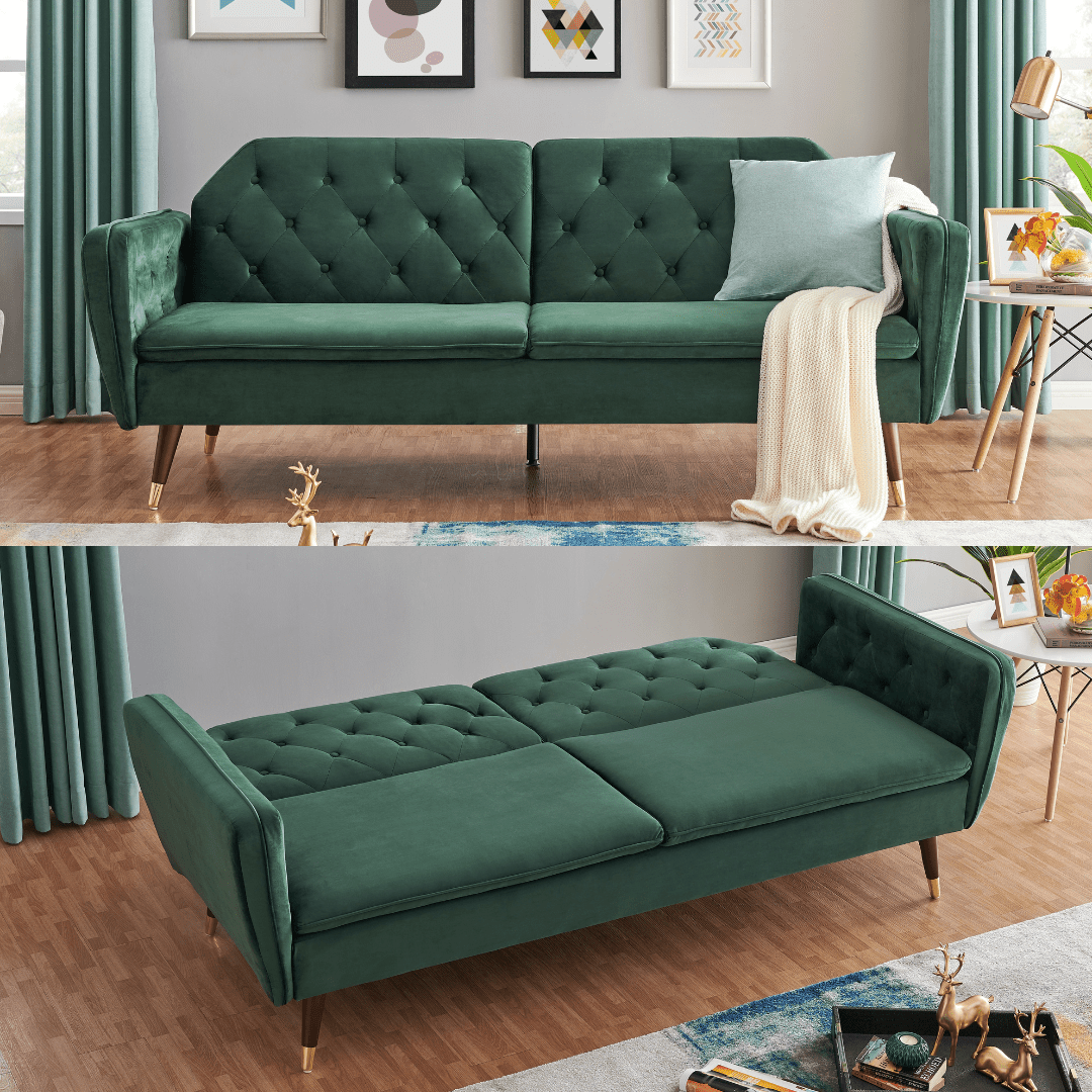 3 Seater Sofa Bed Emerald Green Velvet Button Back - Victoria Bargainia