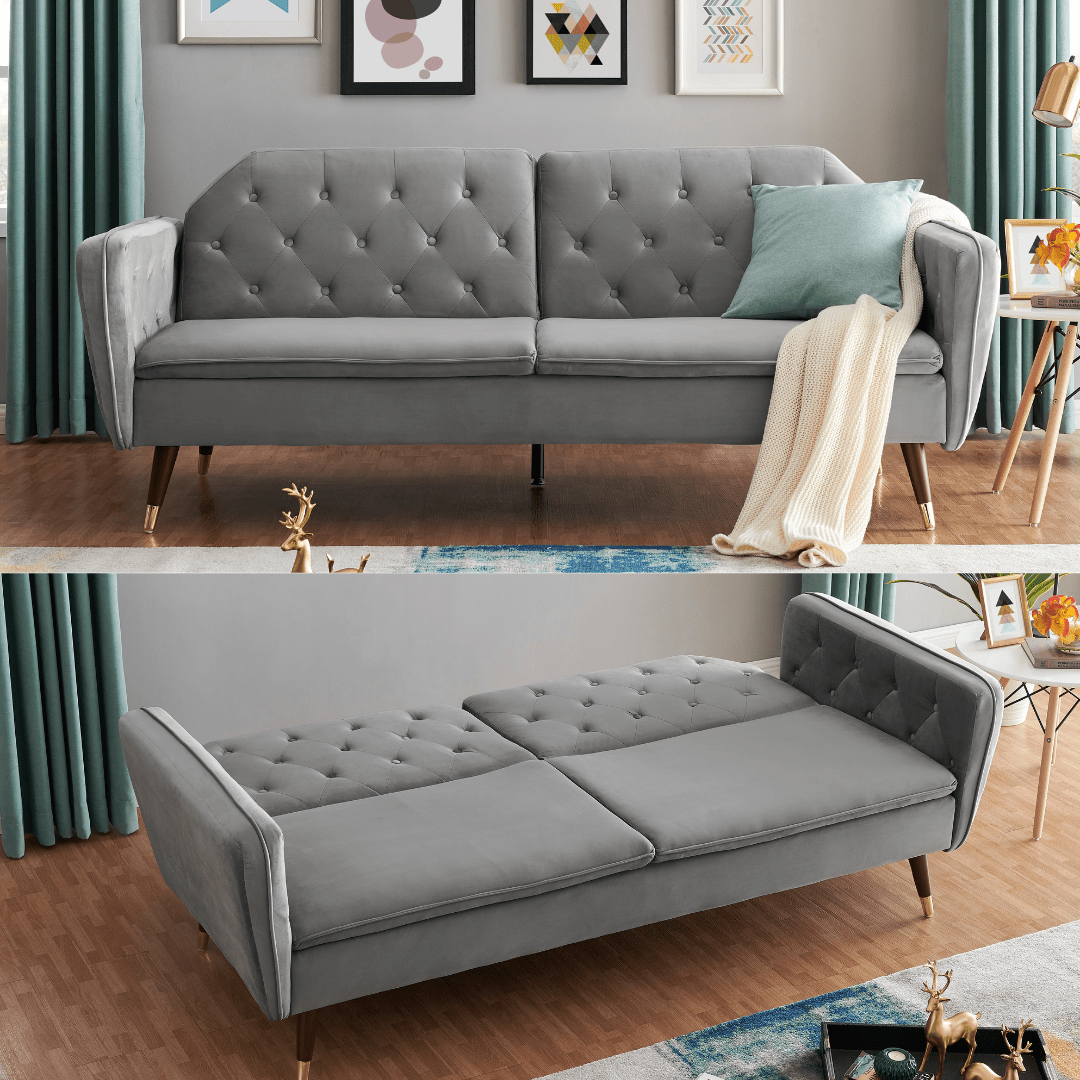 3 Seater Sofa Bed Grey Velvet Button Back - Victoria - Bargainia.com - 