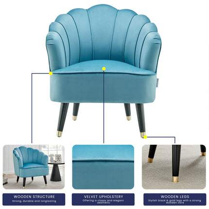 Blue velvet shell tub chair features