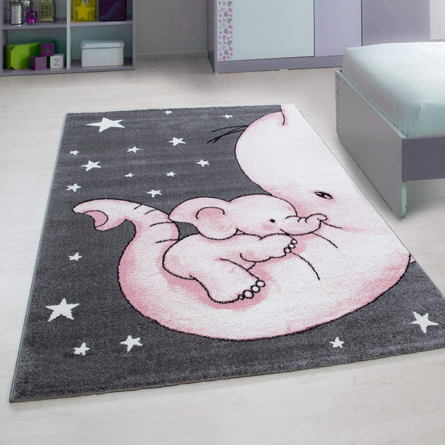 Pink Baby Elephant and Stars Rug | Kids Bedroom Rug | bargainia.com-Bargainia.com