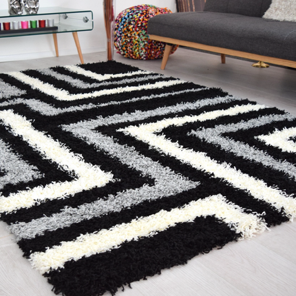 Black, White, & Grey Striped Shaggy Rug | Abstract Rugs | bargainia.com-Bargainia.com