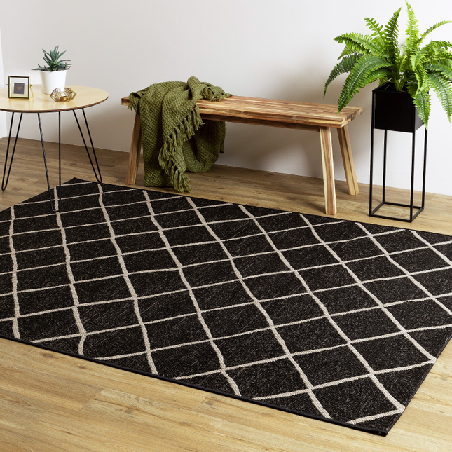 Floorlux Sisal Look Flat Weave Black & Silver Diamond Rug | Rug Master-Bargainia.com