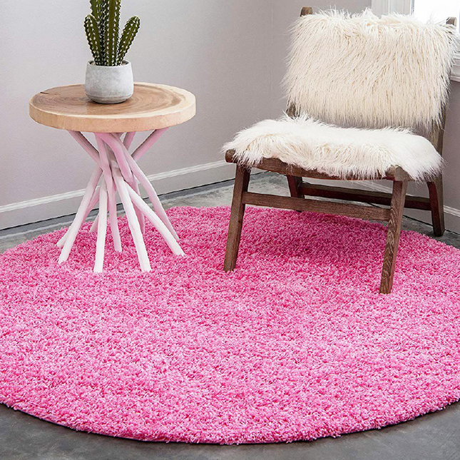 Pink Plain Circle Shaggy Rug | Living Room Rugs-Bargainia.com