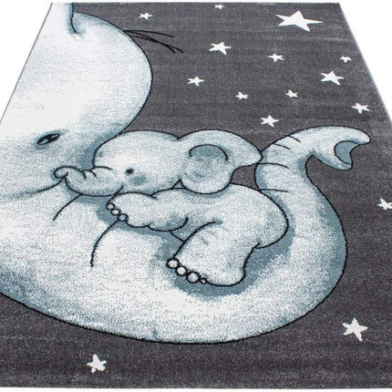 Blue Baby Elephant and Stars Rug | Kids Bedroom Rug | bargainia.com-Bargainia.com