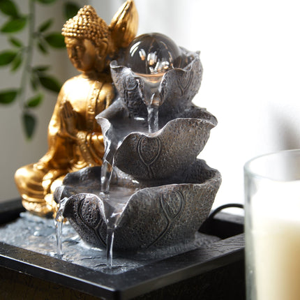 Buddha indoor tabletop water feature close up