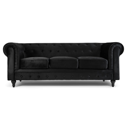 Velvet Chesterfield Sofa Suite - Black-Bargainia.com