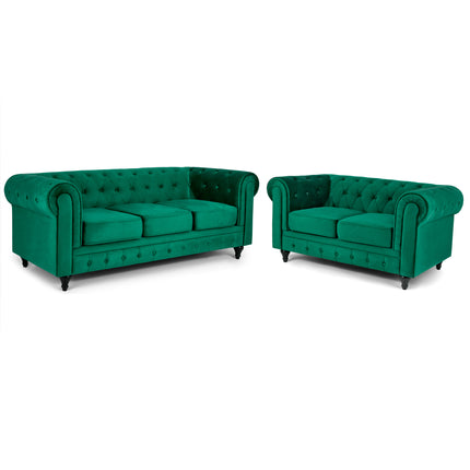 Velvet Chesterfield Sofa Suite - Green-Bargainia.com